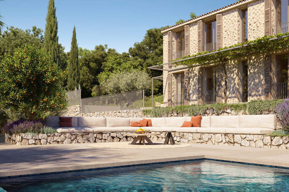 Finca llave en mano con piscina y vistas a la montaña en Bunyola